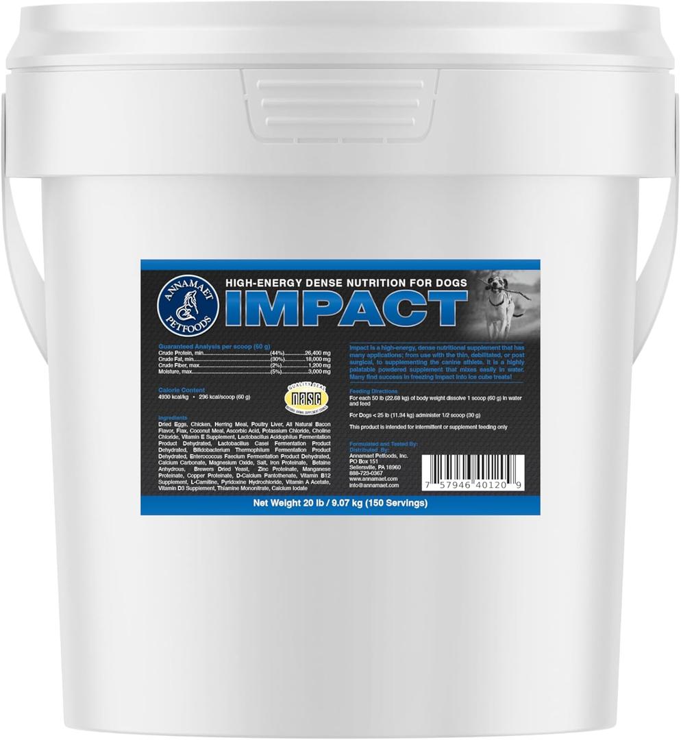 Annamaet Impact  High-Energy Dense Nutrition Supplement for Dogs  Helps Support Healthy Weight in Canine Athletes, Post-Surgical Dogs and Dogs with Fast Metabolism - 20 lb