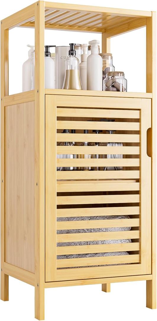 HITNET Bathroom Cabinet Freestanding, Small Bamboo Floor Cabinet, 4 Tier Single Door Sofa Side Table Storage Organizer, Space Saving Kitchen Cupboard, Natural