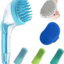 (6 Pcs) ELEGX Pet Grooming Bath Massage Brush with Soap and Shampoo Dispenser Soft Silicone Bristle for Long Short Haired Dogs Cats Shower (Light blue)
