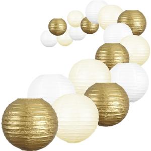 UNIQOOO 18PCS Metallic Gold Paper Lantern Wedding Decoration Set, Assorted Hanging Gold Japanese Paper Lantern, Reusable Easy Assemble, For New Year Christmas Birthday Baby Shower Party Favor Supplies
