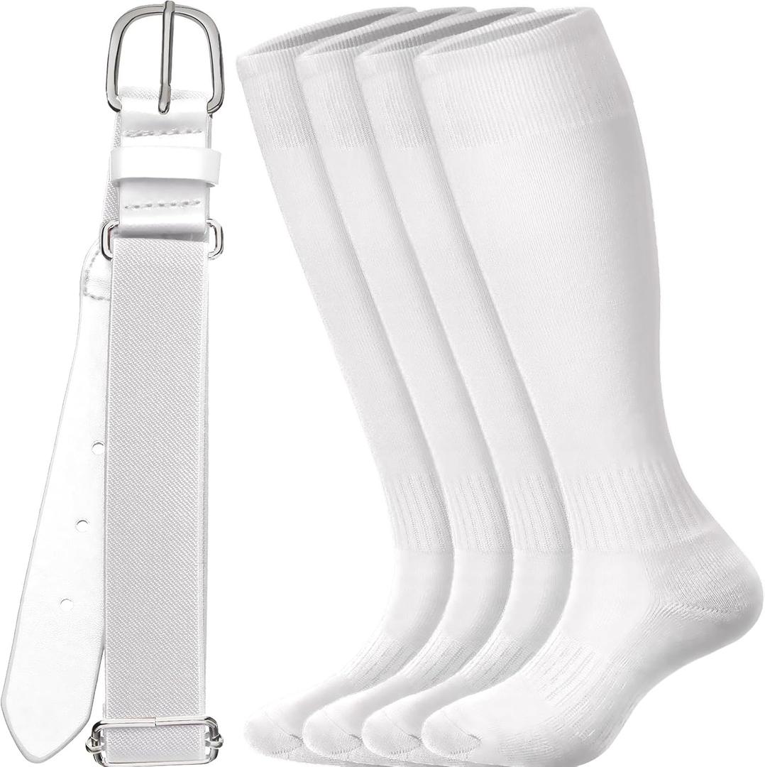 Baseball Socks and belt Combo Set Men's Baseball Belt with Softball Sock Elastic Waist Belts (White) Kid