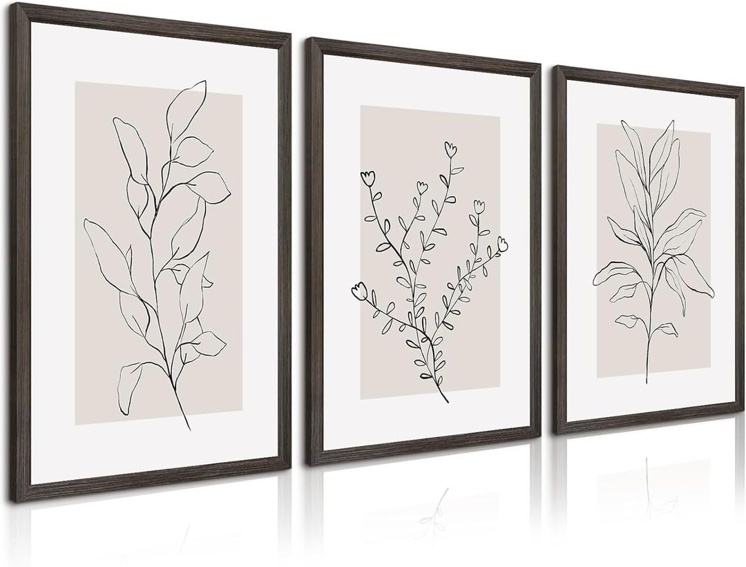 Neutral Botanical Prints Wall Art Decor Plant Minimalist Canvas Pictures Vintage Beige Wall Art Modern Farmhouse Line Poster Boho Abstract Painting Artwork for Bedroom 12x16 Inch Wood Framed Set of 3