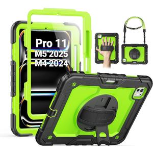 SEYMAC for iPad Pro 11 Inch Case M5 2025 / M4 2024, Heavy Duty Shockproof Protective Case with Screen Protector, 360 Rotating Stand, Hand/Shoulder Strap and Pen Holder, Green