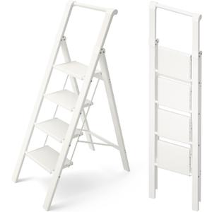 HillhutApex 4 Step Foldable Aluminum Step Ladder with Handgrip, Anti-Slip Pedal, 330 lbs Capacity, Lightweight & Portable for Home, Kitchen, Office, Garage (White)
