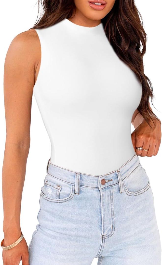 WAYMAKER Mock Neck Bodysuits for Women Sleeveless Basic Tank Top Body Suit Shirts (Small, White)