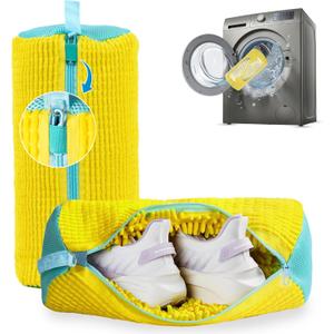 Shoe Washing Machine Bag 2 Pcs Reusable Laundry Shoe Bag, 360 Deep Cleaning Sneaker Washing Bag, Durable Mesh Net with Zipper Protection, Fits All Shoe Types & Sizes (Yellow, 14.8 7.4 Inches)