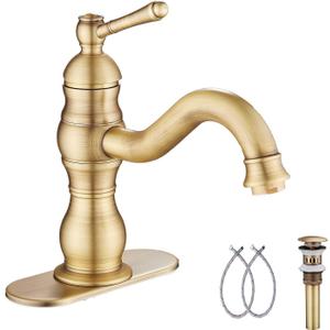 Antique Brass Bathroom Faucet GGStudy 360 Swivel Bathroom Vanity Faucet Single Handle One Hole Basin Matching Pop Up Drain with Overflow (Short)