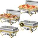 Chafing Dish Buffet Sets of 4, 8QT Stainless Steel Rectangular Chafers and Buffet Warmer Sets for Catering, with Food & Water Pan, Lid, Gold Foldable Frame, Fuel Holder for Event Party Holiday