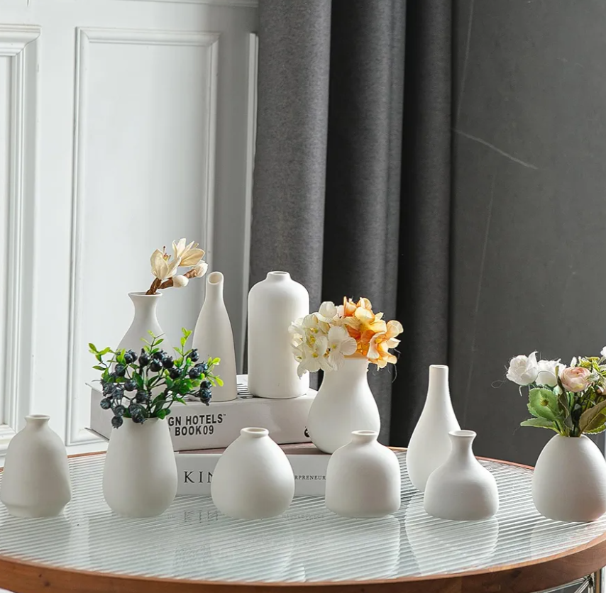 White Bud Vases, Small Ceramic Vase Set of 11, Mini Pottery Vases for Flowers, Decorative Pieces for Home Modern Decor, Boho Decor, Chic Accents for Living Room Dining Table Shelves