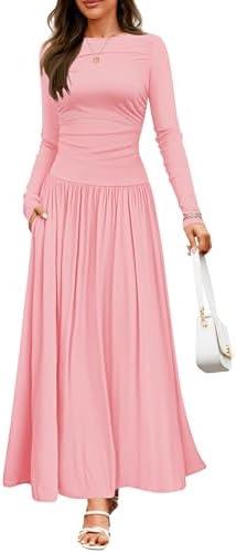 ZESICA Women's Long Sleeve Fall Maxi Dress 2025 Crewneck Knit Casual Slim Swing Pleated Dresses with Pockets, M ZESICA Women's Long Sleeve Fall Maxi Dress 2025 Crewneck Knit Casual Slim Swing Pleated Dresses with Pockets, M