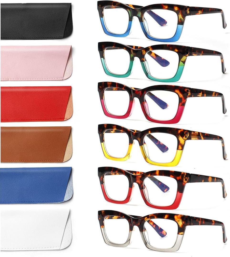 6 Pack Oprah Style Reading Glasses for Women Blue Light Blocking Computer Square Readers with Spring Hinge +2