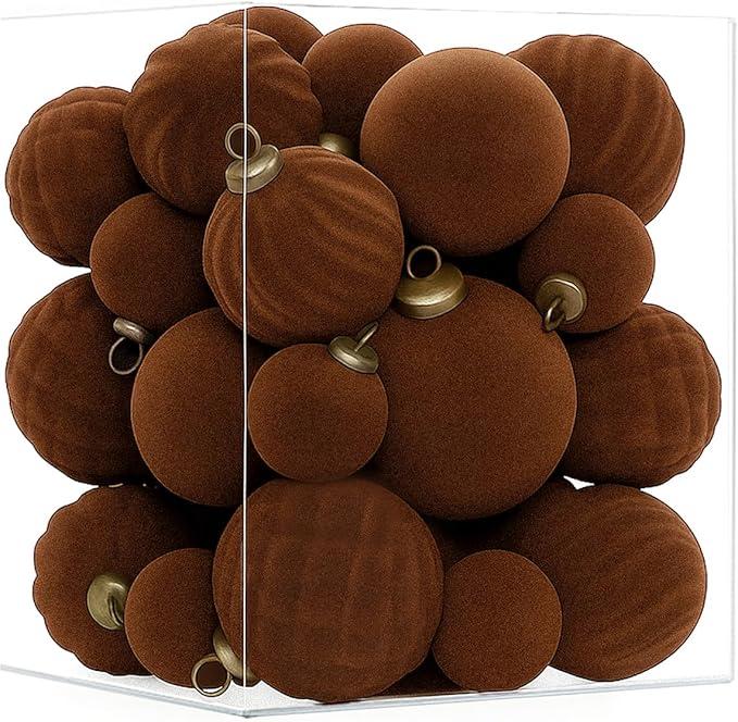 XmasExp 36PCS Velvet Christmas Ornaments Set Mixed Flocked Balls Ornaments Shatterproof Christmas Tree Decorations for Holiday,Party,Home(Brown)