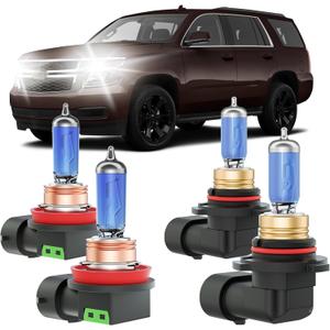 Fits for 2007-2020 Chevy Tahoe/Suburban Halogen Headlight Bulbs Combo, Ultra Bright 5000K White High Low Beam Headlight Bulbs, Plug and Play, 4 Pack
