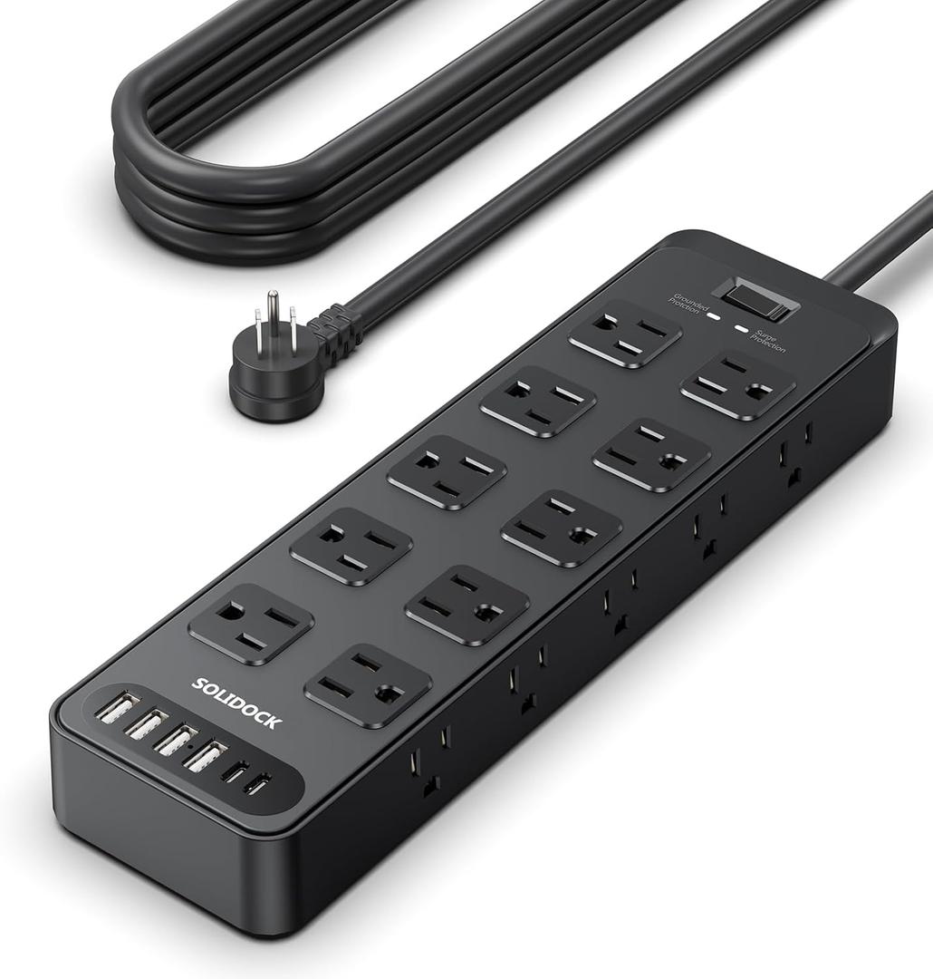 Power Strip Surge Protector Flat Plug with 20 AC Outlets 6 USB Chagring Ports, 1875W/15A, 2700J, 10 Ft Heavy Duty Extension Cord for Home, Office, Dorm, Gaming,ETL Listed (Black, 10 Feet)