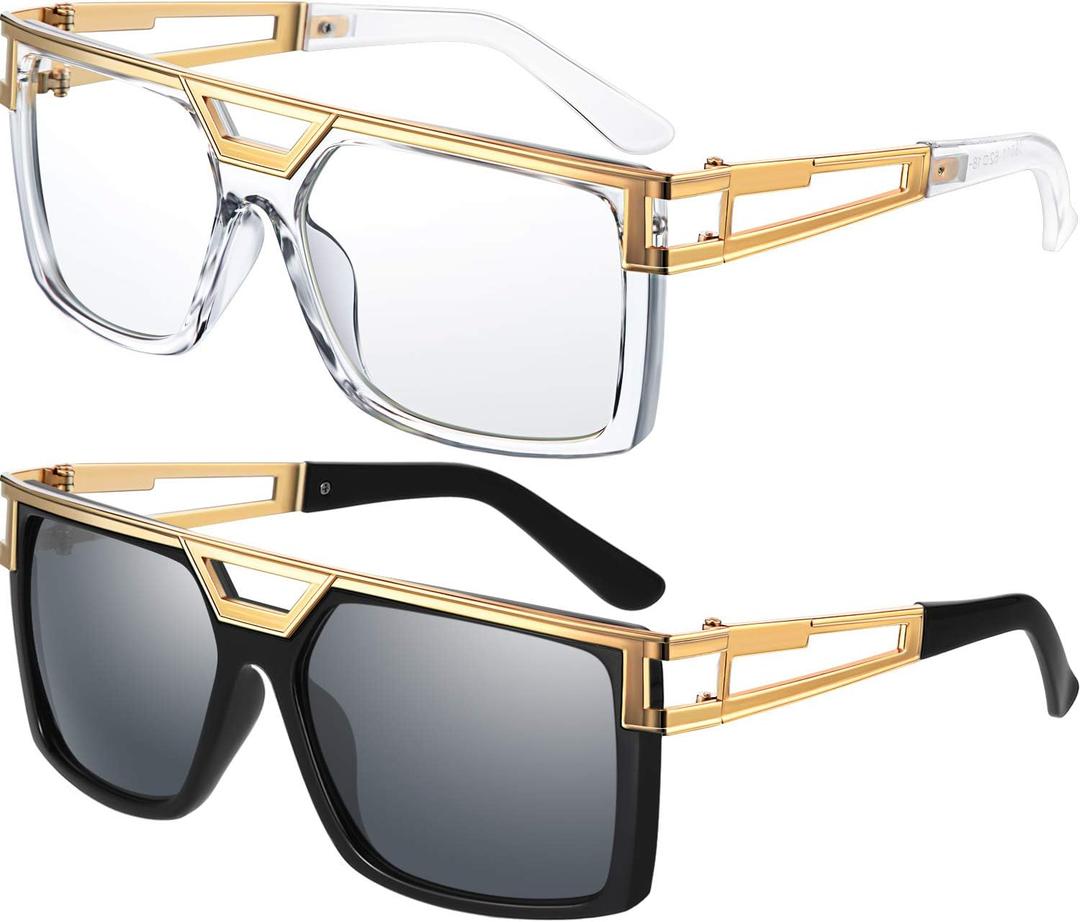 Hicarer 80s 90s Sunglasses Vintage Rapper DJ Hip Hop Glasses Retro Old School Glasses for Men Women (Black-dark Grey, Clear)