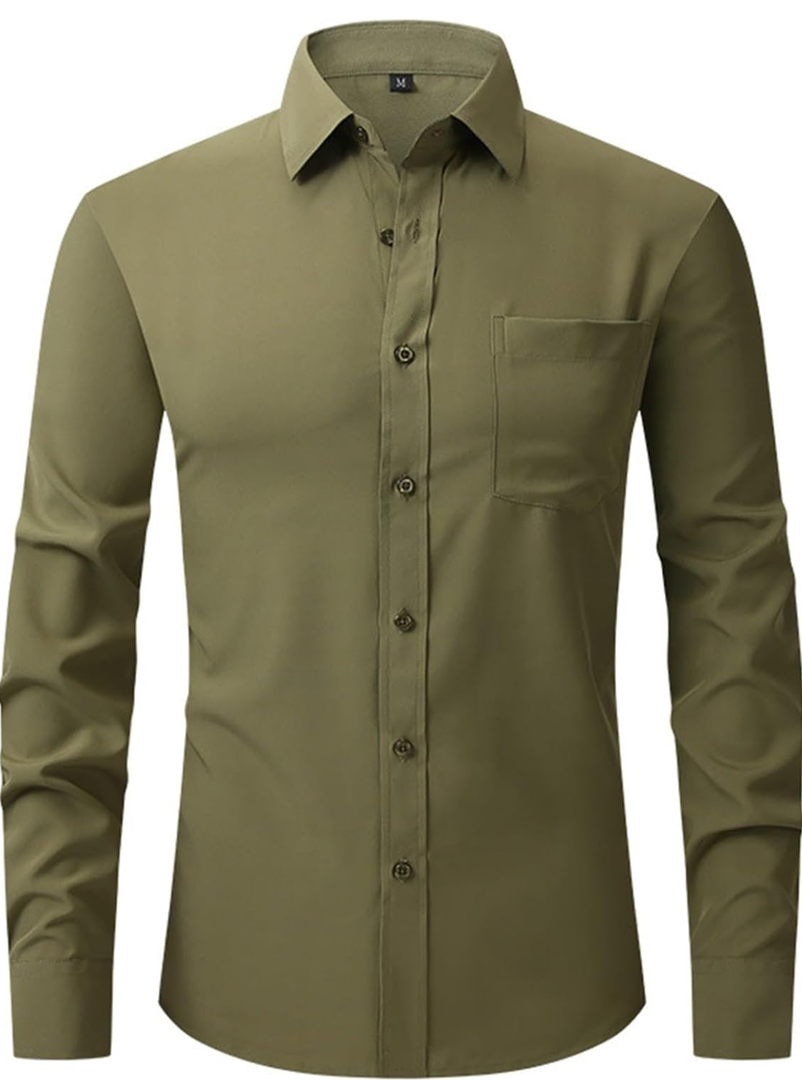 Men's Stretch Wrinkle Free Dress Shirts Formal Wedding Prom Long Sleeve Slim Fit Button Down Shirt, M