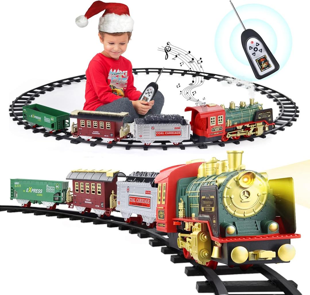 Train Set for Boys Girls, Christmas Electric Remote Control Train Set with Steam, Sound & Light, Remote Control Train Toys w/Steam Locomotive Engine, Cargo Cars for Kids 3 4 5 6 7 8 Year Old