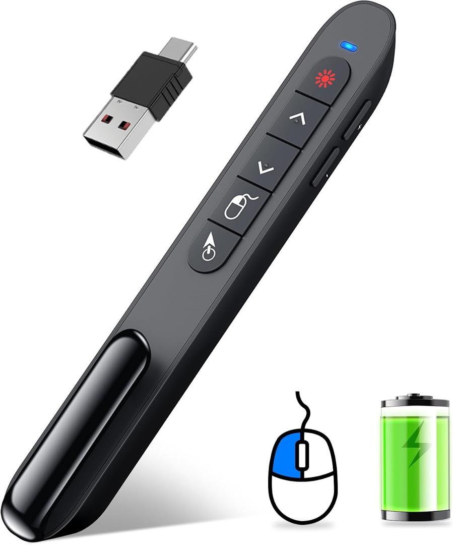 DINOSTRIKE Wireless Presenter Remote with Air Mouse Control, Rechargeable USB A&C Presentation Clicker PPT Pointer RF 2.4GhZ PowerPoint Clicker Slide Advancer for Computer Laptop Mac
