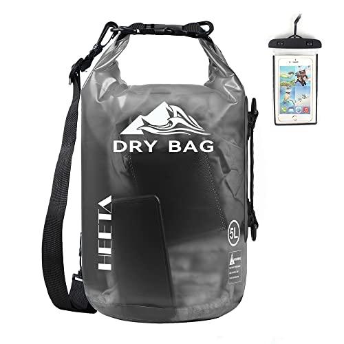 HEETA Dry Bag Waterproof for Women Men, Roll Top Lightweight Dry Storage Bag Backpack with Phone Case for Travel Swimming Boating Kayaking Paddle Board Camping Beach Accessories (Transparent Black, 10L)