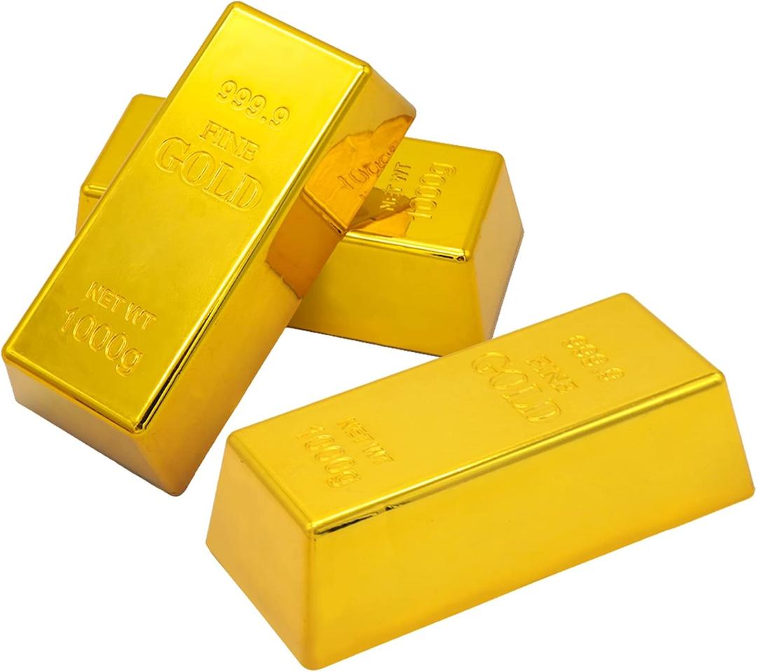 3pcs Fake Gold Bar Replica Golden Brick for Stage Decoration Pirate Costume Party Supplies, Bank Pretend Play (6.5 Inch).