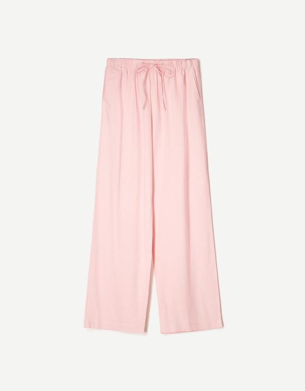 Women's Lightweight Linen-Blend Wide-Leg Drawstring Lounge Pants, Pastel Pink, Size Small