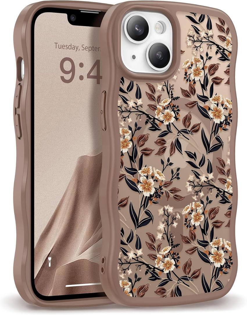 GVIEWIN Cute for iPhone 14 Case & iPhone 13 Case [Compatible with MagSafe] [Curly Wave Edge] Floral Translucent Magnetic Shockproof Protective Phone Cover for iPhone 14/13 6.1'', Bunchflower/Brown