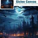 vandlife Halloween Home Decoration Dark Blue Ghost Castles Canvas Wall Art Smiling Creepy Pumpkin Lantern and Bats Flying Under the Moon Framed Poster Decor for Living Room Bedroom 24x16in