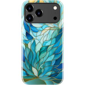LUHOURI for iPhone 17 Pro Case,Wireless Charging Compatible,Dual-Layer - Soft Silicone Inner + Hard Outer Shell,Cute Wildflower Design,Protective Phone Cover for Women - Blue Leaves Flower
