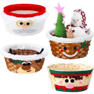 Youyole 4 Pieces Christmas Basket for Gifts Woven Bamboo Xmas Round Gingerbread Basket Small Santa Claus for Christmas Party Supplies Gift Snack Storage (Cute)