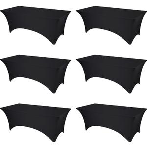 BRILLMAX 6 Pack Black Fitted Spandex Table Covers - 8ft Stretch Tablecloths for 8 Foot Rectangle Folding Cloths Rectangular Bulk Linen Fabric Elastic for Wedding Reception Banquet Birthday Party
