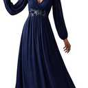 Ever-Pretty Women's V Neck Long Sleeves Floor Length Ruched Chiffon A-Line Formal Evening Dress Mother of Bride Dresses, Navy Blue, Size 18