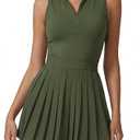 QINSEN Tennis Dress for Women Two Piece High Neck Flowy Pleated Active Dress Summer Front Zip Workout Golf Dress Army Green M