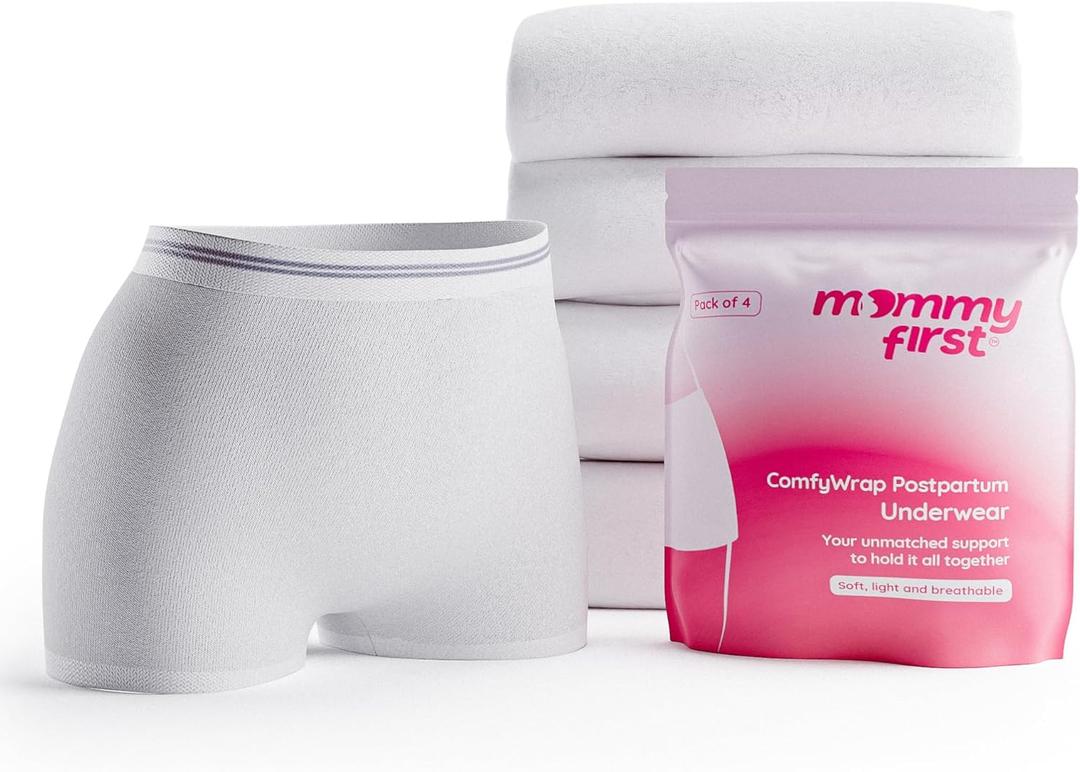 Mommy First High-Waisted Postpartum Underwear | Soft, Breathable, Stretchable Hospital Panties for C-Section & Vaginal Delivery Recovery | Disposable & Washable | Waist 28" to 40" | Pack of 4 White