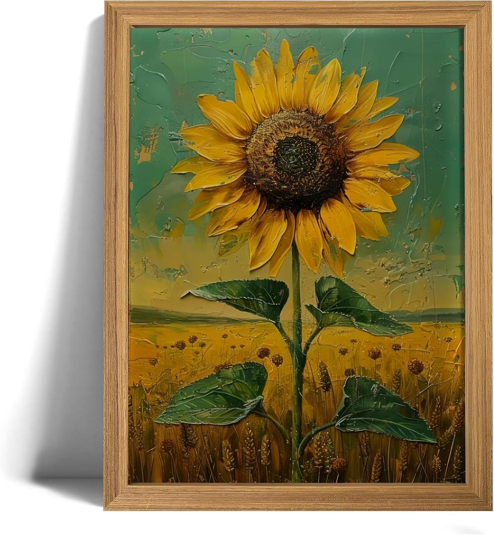AZPRXN Sunflower Wall Art  Rustic Floral Canvas Print, Bright Yellow Flower Oil Painting Style Wall DecorFarmhouse Picture poster for Living Room, Bedroom, Kitchen,Living Room,Wood Frame 12x16in