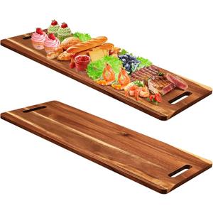 Bokon 2 Pcs Acacia Wooden Charcuterie Boards Acacia Serving Board with Handle Rectangular Hollow Handle Wood Tray Wooden Serving Platter Wood Server for Cheese Food(30 x 12 Inch)