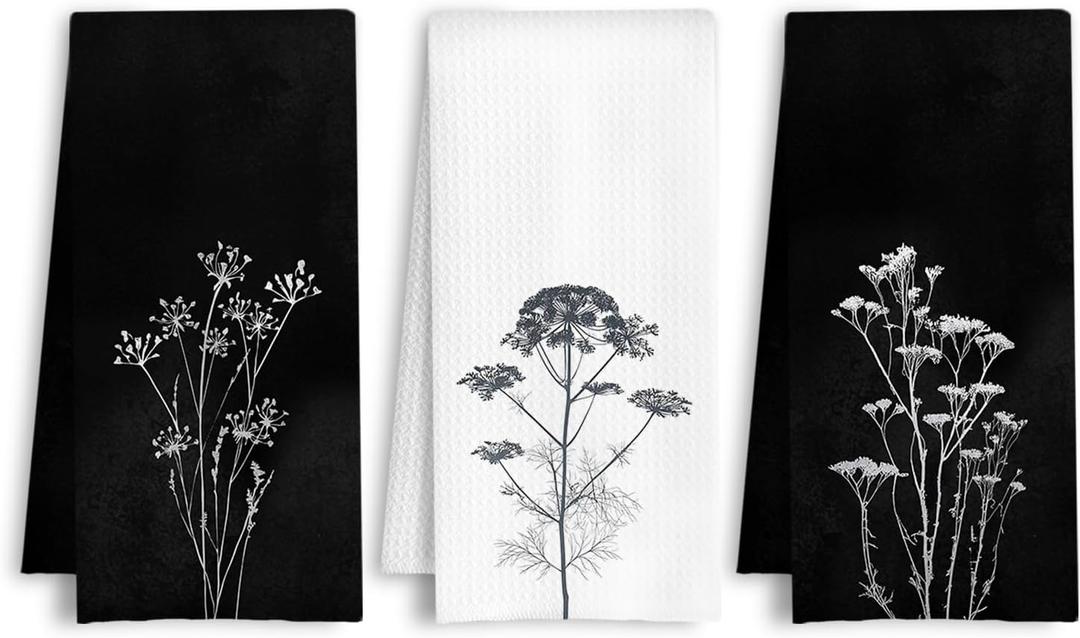 Black and White Floral Kitchen Towels, Vintage Botanical Dish Tea Towels, Rustic Cottagecore Flower Plant Decorative Hand Towel for Bathroom Kitchen, 16x24 Inch Set of 3