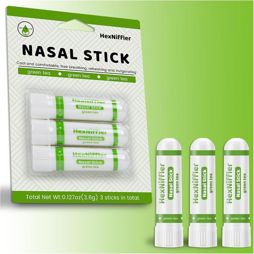 Green Tea Nasal Inhaler (3 Pack) - Refreshing Essential Oil Aromatherapy Stick - Natural Non-Medicated Relief for Sinus & Congestion - Portable Energy Booster for Focus & Clear Breathing