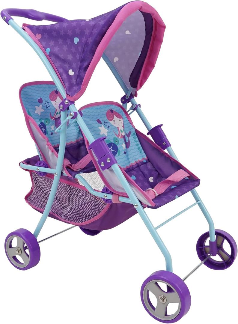 509 Crew Mermaid Twin Doll Stroller - Kids Pretend Play, Retractable Canopy, Easy to Fold for Storage & Travel, 2 Seats, Fits Dolls up to 18'', Ages 3+