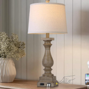 MOUVOVO 28" Tall Farmhouse Table Lamp with USB C+A Ports and AC Outlet, 3 Way Touch Control Rustic Bedside Lamp for Bedroom, Blue Vintage Nightstand Lamp for Living Room Office