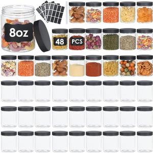 48pcs 8 oz Plastic Containers with Lids Labels Leak Proof BPA Free Airtight Refillable Clear Small Containers Storage Jars for Storing Dry Food Slime Honey Jam (black)