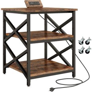 METYERRY Large Printer Stand with Power Outlet, with Height Adjustable Storage Shelf, 3 Tier Rolling Printer Cart with Industrial Wheels, 23.6 x 23.6 Inches Printer Table for Home Office, Rustic Brown