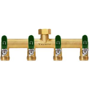 Garden Hose Splitter, 3/4 Rust and Freeze Resistant Outdoor Hose Manifold with 4 green Extra Long Handles Faucet Adapter-Heavy Duty Brass 4-Way Valve