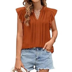 KIRUNDO Womens Summer Tops 2025 Spring Fashion Dressy Casual Blouses Ruffle Cap Sleeve V Neck Pleated Business Work Shirts(Caramel, Medium)