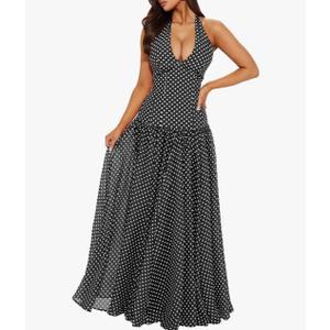 Women's Polka Dot Maxi Dress Halter Neck Sleeveless Drop Waist Flowy Summer Wedding Beach Sundress S