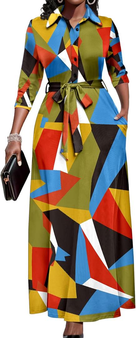 Runwind Women Church Maxi Dresses 3/4 Sleeve Button Down Print Casual Office Dress African (Medium, 002-blue Green)