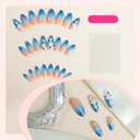 Rhinestone Press on Nails Medium Almond Fake Nails Blue Ombre False Nail with Design Stiletto Glue on Nails Glossy Acrylic Nail Full Cover Stick on Nail for Women Girls Manicure 24Pcs (style19)