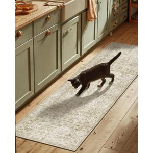 Washable Kitchen Rug Runners for Hallways: 2'6"x8' Bedroom Runner Rug Non Slip Low-Pile Stain Resistant Soft Carpet Runner for Indoor Entryway Hallways Kitchen Laundry Room Beside Farmhouse (Beige and Brown)