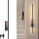 Battery Operated Wall Sconce Set of 1, 32.7inch Rechargeable Wall Light Indoor, Dimmable 6W Wireless Sconce for Living Room, Bedroom, Hallway, Black