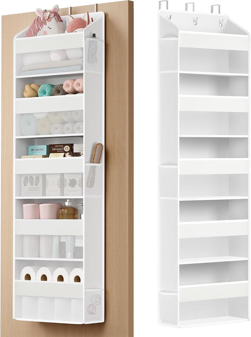 SONGMICS Over-the-Door Organizer, 5-Tier Door Hanging Storage Shelf, Heavy-Duty Closet Hanging Organizer Foldable, Transparent, Pockets, Metal Hooks, Cloud White URDH010WH01