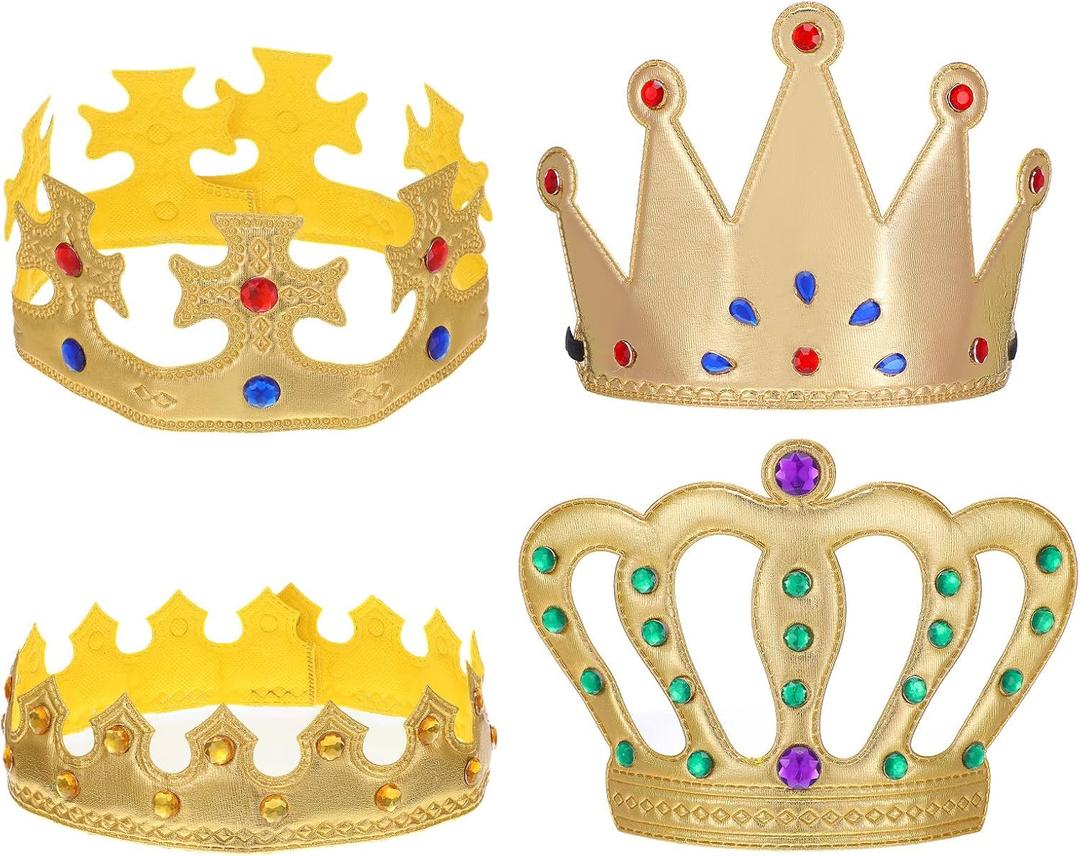 4 Pcs King Crown Princess Crowns, Prince Gold Crown Set, Hat Cap with Gems for Halloween, Crowns Party Supplies, Royal Costume Accessories